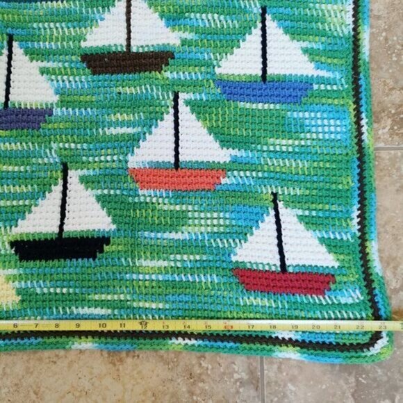 Handmade Crochet Sailboats Baby Blanket 23"x34" Nautical Blue Green Afghan Throw - Picture 6 of 7